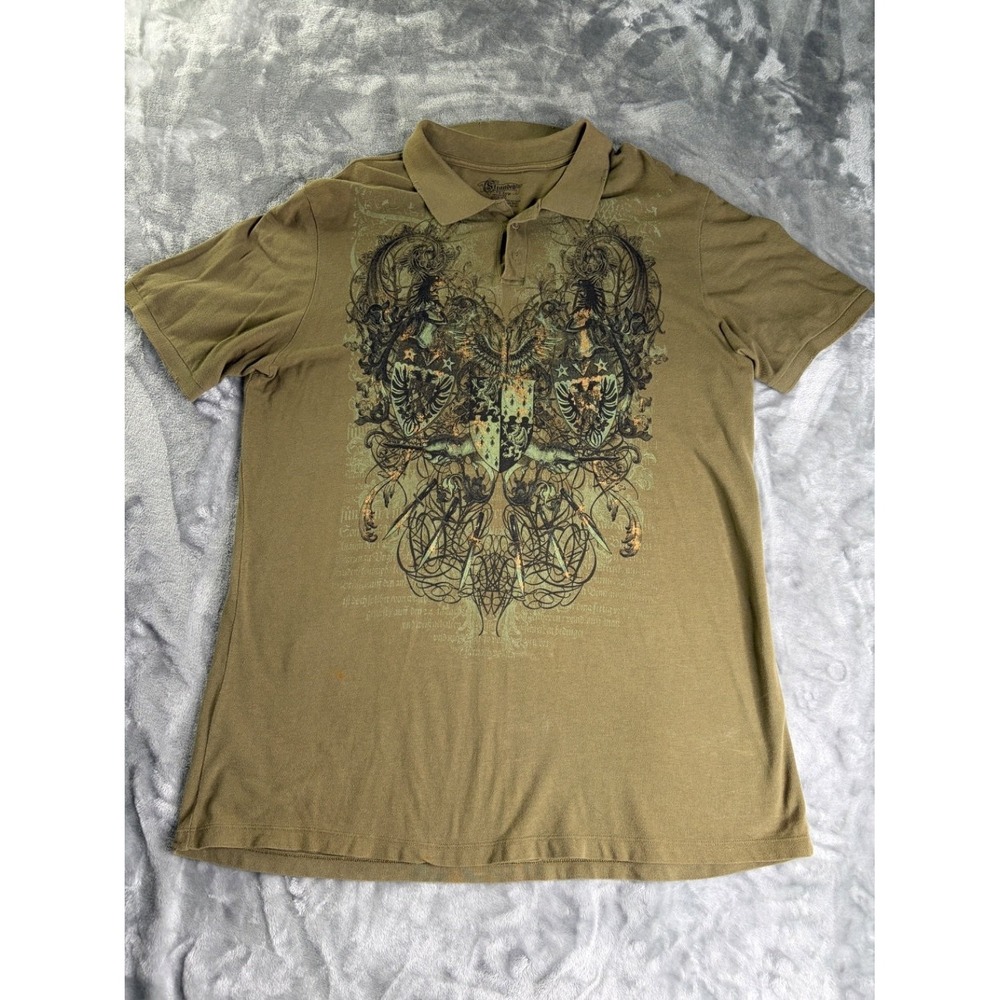 Stranded Men Size XXL Polo Shirt Olive Green Y2K Cyber Grunge Graphic Eagle
